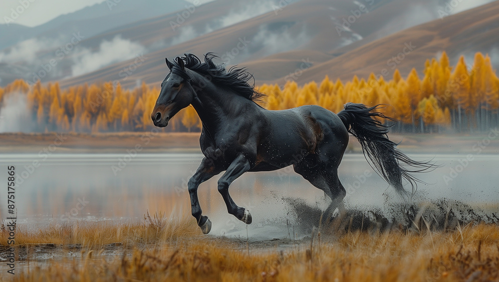 Obraz premium Beautiful friesian horse running around lake surrounded by mountains.