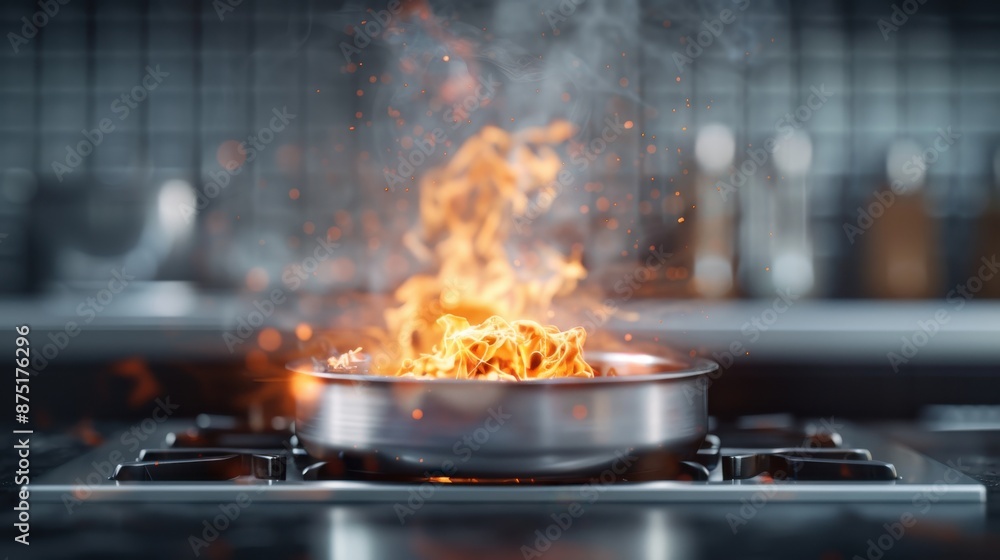 A visually striking image of intense flames roaring in a cooking pan set on a modern gas stove, highlighting the drama and energy of a bustling kitchen. A visually striking image of intense flames roaring in a cooking pan set on a modern gas stove, highlighting the drama and energy of a bustling kitchen.