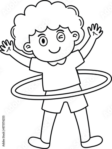 Kid boy play with hula hoop ring spinning and rolling on waist vector