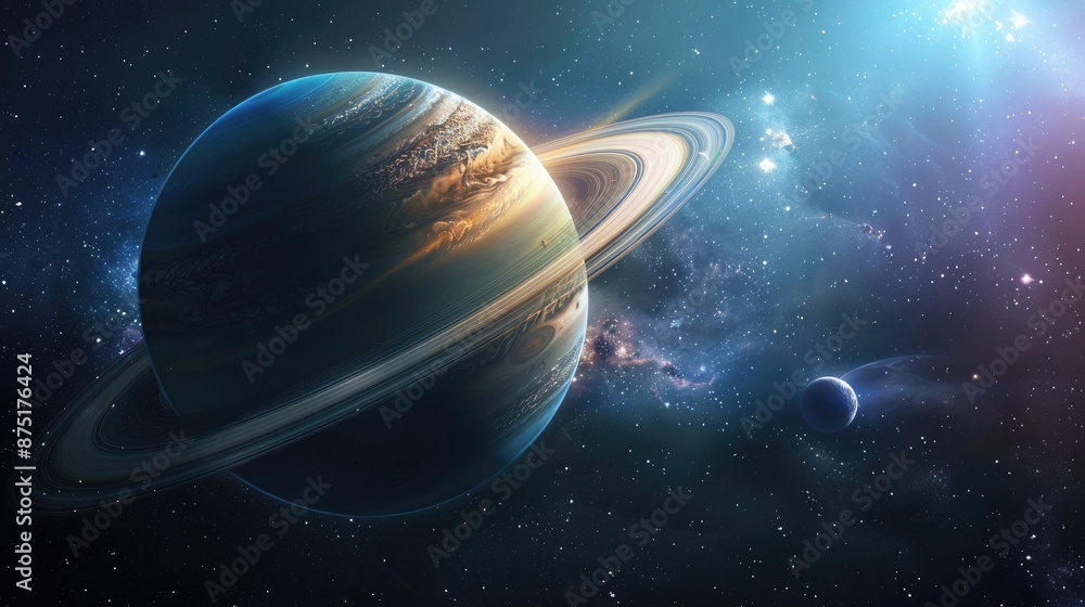 A stunning image of a planet with rings, set against a beautiful cosmic backdrop featuring distant stars and a small moon. A stunning image of a planet with rings, set against a beautiful cosmic backdrop featuring distant stars and a small moon.