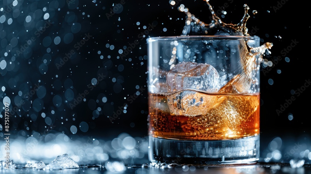 A glass of whisky with ice cubes experiencing a dynamic splash, illuminated by dramatic lighting in a dark, bubbly setting, portraying an energetic and lively moment. A glass of whisky with ice cubes experiencing a dynamic splash, illuminated by dramatic lighting in a dark, bubbly setting, portraying an energetic and lively moment.