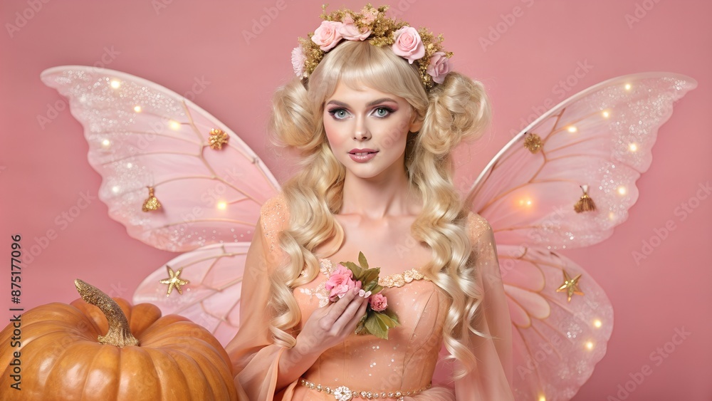 Fototapeta premium Dreamy portrait of a blonde ethereal fairy with flowers and pumpkin