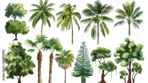 Big set of vector tropical trees and palm, white background, watercolor, vector illustration, 2d design, detailed
 photo