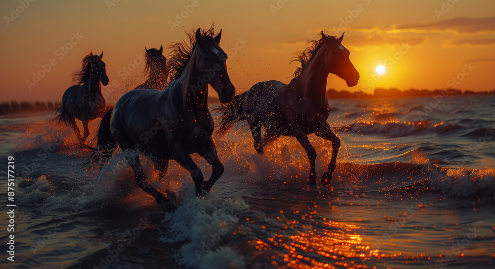 Group of horses galloping on the beach. Group of horses galloping on the beach.