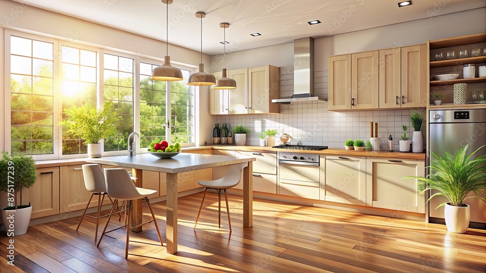 Cozy kitchen ambiance with a light wood floor and natural sunlight , Cozy, kitchen, ambiance, light wood, floor, sunlight Cozy kitchen ambiance with a light wood floor and natural sunlight , Cozy, kitchen, ambiance, light wood, floor, sunlight