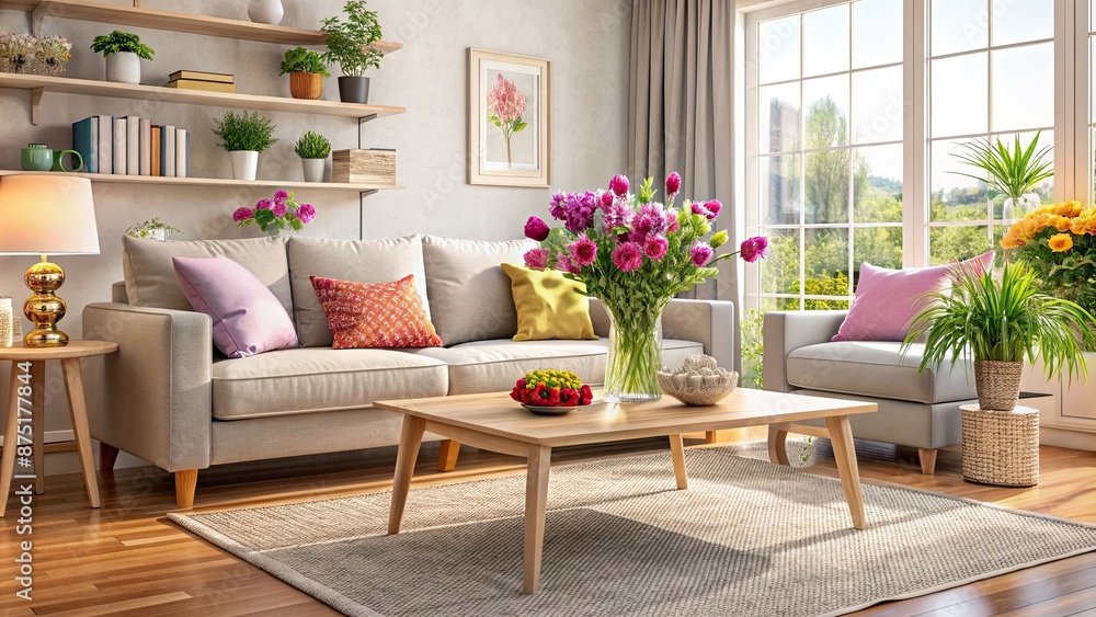 Cozy and inviting living room with modern furniture and fresh flowers, living room, interior design, home decor, modern, cozy Cozy and inviting living room with modern furniture and fresh flowers, living room, interior design, home decor, modern, cozy