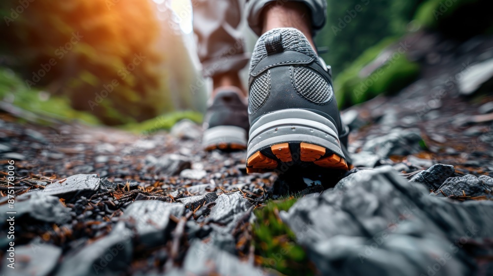 A person is hiking on a rocky path through a lush forest, showcasing the adventurous spirit of exploration, with sturdy shoes providing the necessary support for the rugged journey. A person is hiking on a rocky path through a lush forest, showcasing the adventurous spirit of exploration, with sturdy shoes providing the necessary support for the rugged journey.