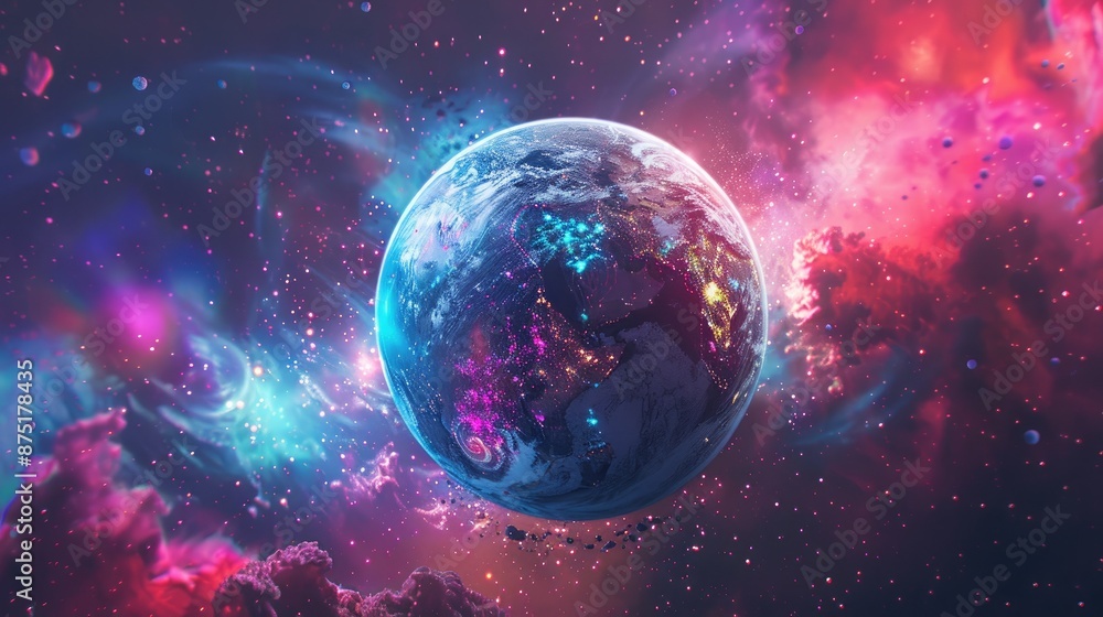 A vibrant digital illustration of a planet amidst colorful space nebulas. Perfect for decor, wallpapers, and sci-fi themed projects. A vibrant digital illustration of a planet amidst colorful space nebulas. Perfect for decor, wallpapers, and sci-fi themed projects.