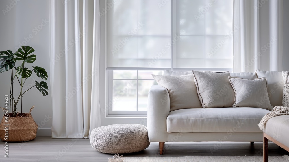 Fototapeta premium A beautifully arranged modern living room with a sleek white sofa, various cushions, a pouf, and decor plants enhancing the serene ambiance.