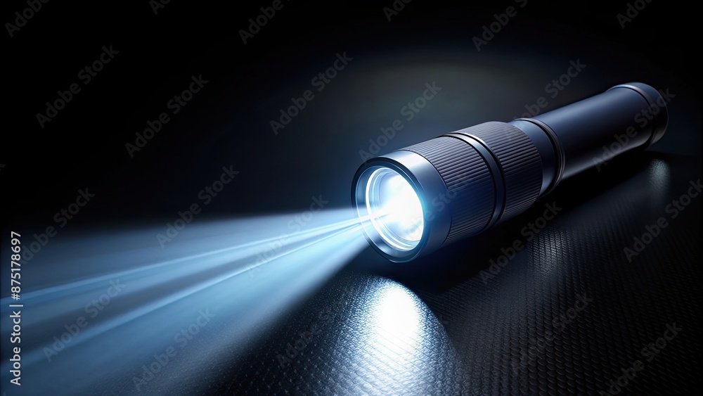 Flashlight beam shining in the darkness against a black background, light, dark, illumination, tool Flashlight beam shining in the darkness against a black background, light, dark, illumination, tool