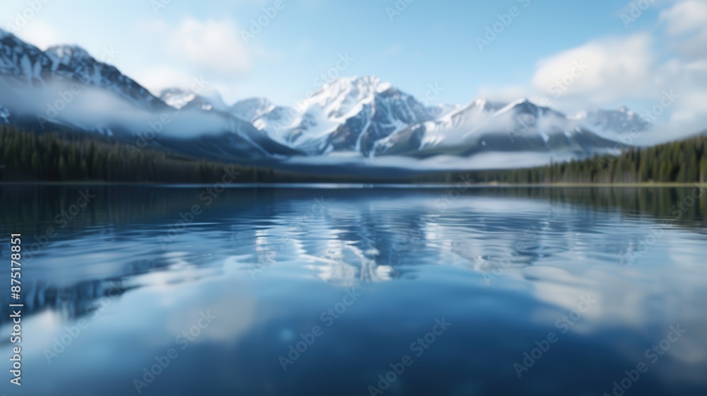 Fototapeta premium A tranquil lake reflecting snow-capped mountains under a clear blue sky, with fluffy clouds and a dense forest lining the shore, creating a peaceful and mesmerizing scene.