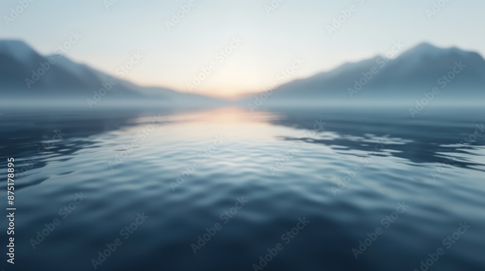 A serene lake view with a slight fog, enveloping distant mountains under the soft glow of the rising sun, creating a peaceful and calming atmosphere, perfect for contemplation.