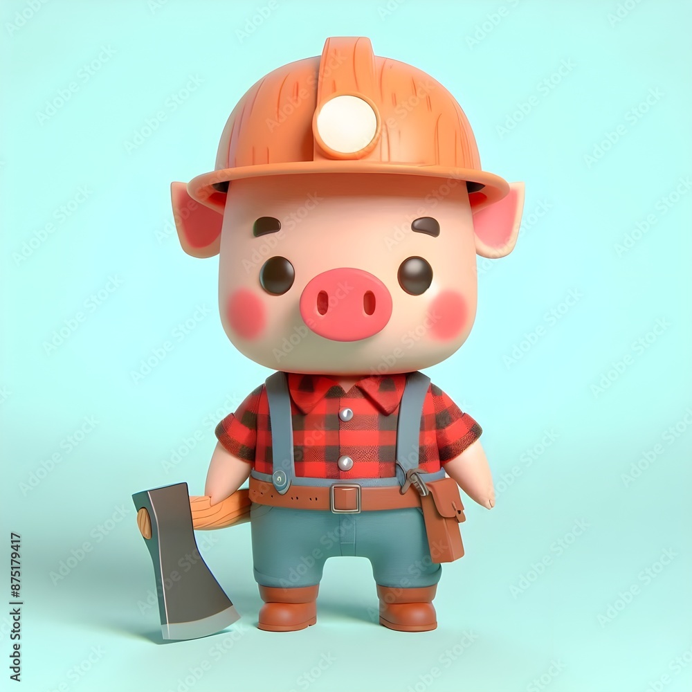3d cartoon lumberjack pig with an axe, on pastel background 3d cartoon lumberjack pig with an axe, on pastel background
