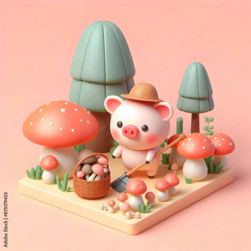 Obraz premium 3d cartoon pig gethering mushroom in the forest, on pastel background