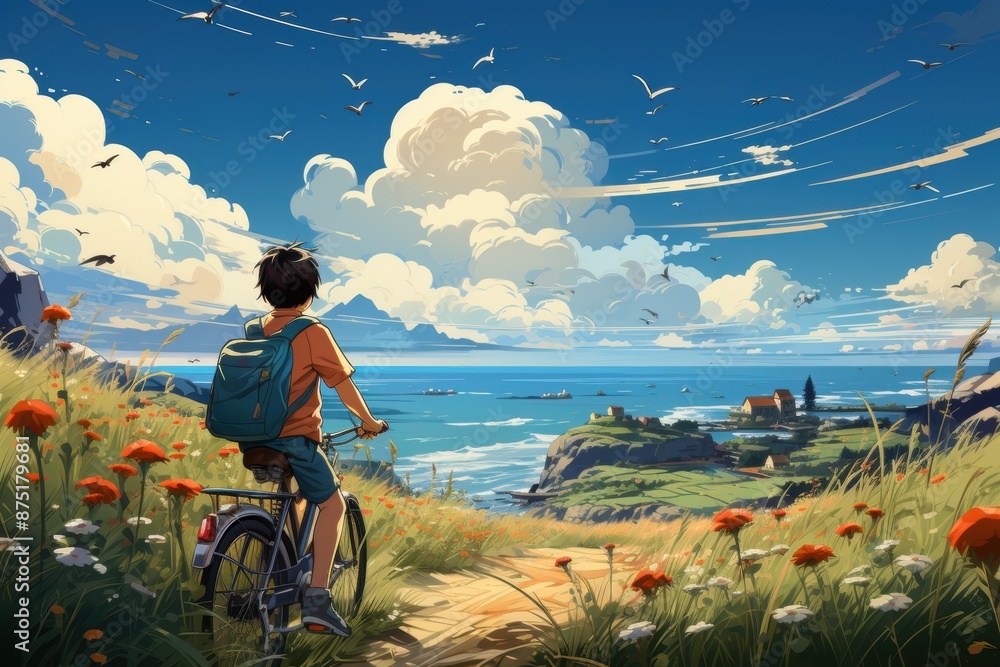 Fototapeta premium Boy on a bicycle rides through a field of flowers overlooking the ocean