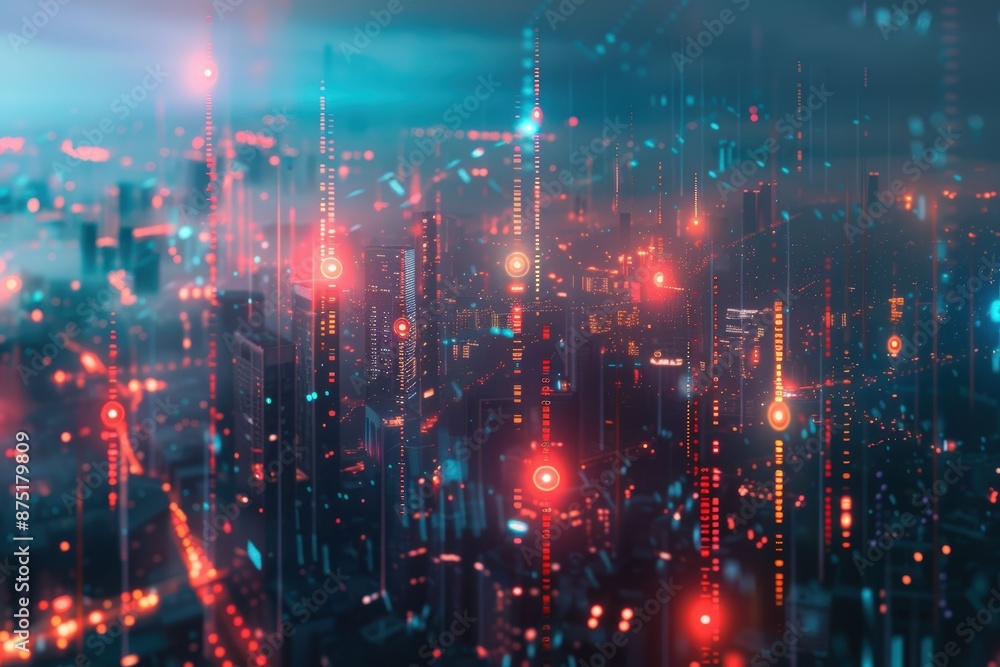 Glowing futuristic cityscape with data connections and vibrant lights, symbolizing progress and innovation in a dynamic urban environment Glowing futuristic cityscape with data connections and vibrant lights, symbolizing progress and innovation in a dynamic urban environment