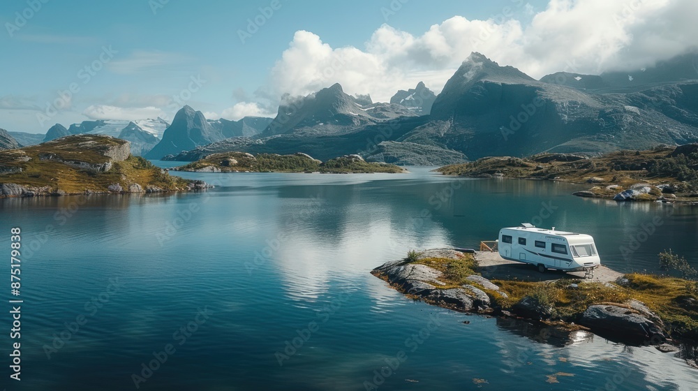 Naklejka premium Scenic RV Camping by the Lake - Aerial view of an RV parked on a picturesque peninsula surrounded by a tranquil lake and stunning mountain scenery.