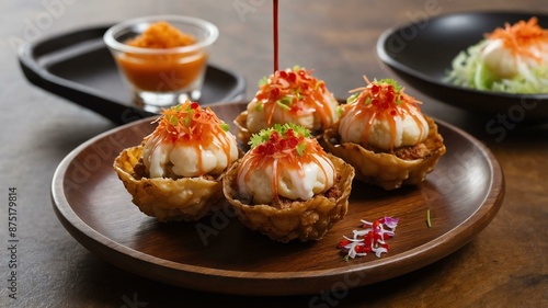 mentai mayo takoyaki topped with spicy cod roe mentaik served aesthetically in a wooden plate and table photo