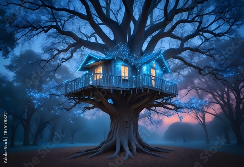 Magical treehouse on a large tree, colorful forest, lightsm lanterns, pendant shiny srystals from the branches, large moon in the background photo