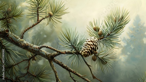 Cone and Branches of Pine. An enlargement of a verdant branch and pine cone. Generative AI