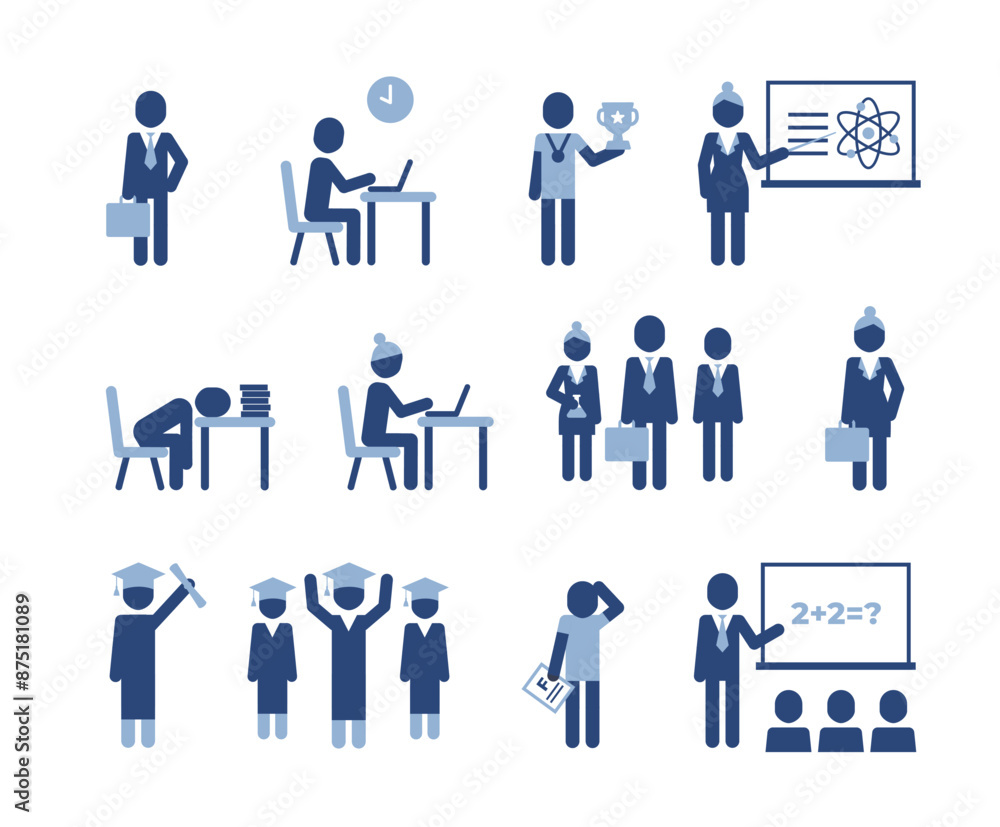 Pictogram set with education concepts. School or university characters, students and teachers. Pictogram set with education concepts. School or university characters, students and teachers.