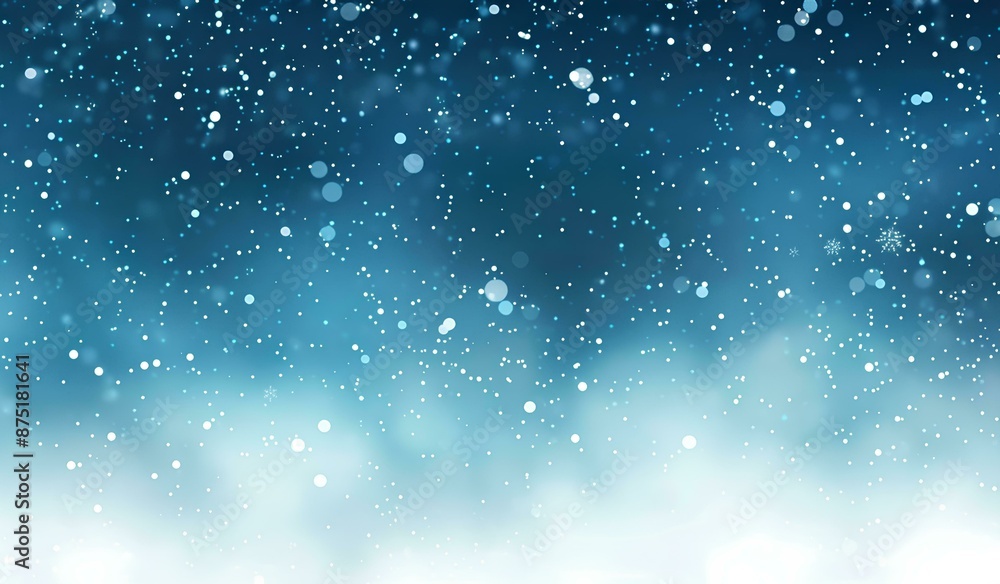 Fototapeta premium Abstract snow background with falling snowflakes and bokeh lights. Winter blizzard with light blue gradient sky. Christmas holiday
