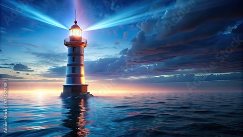 Futuristic lighthouse standing tall on the sea with glowing neon lights, futuristic, lighthouse, sea, ocean, water