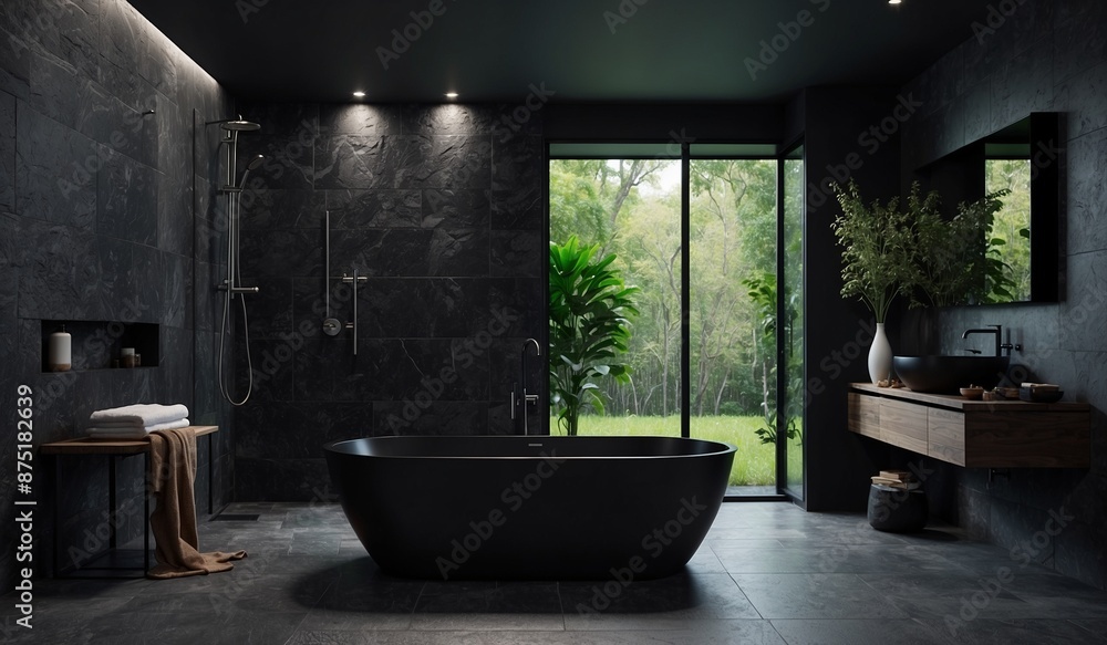 Dark themed bathroom with sleek design and outdoor view Dark themed bathroom with sleek design and outdoor view