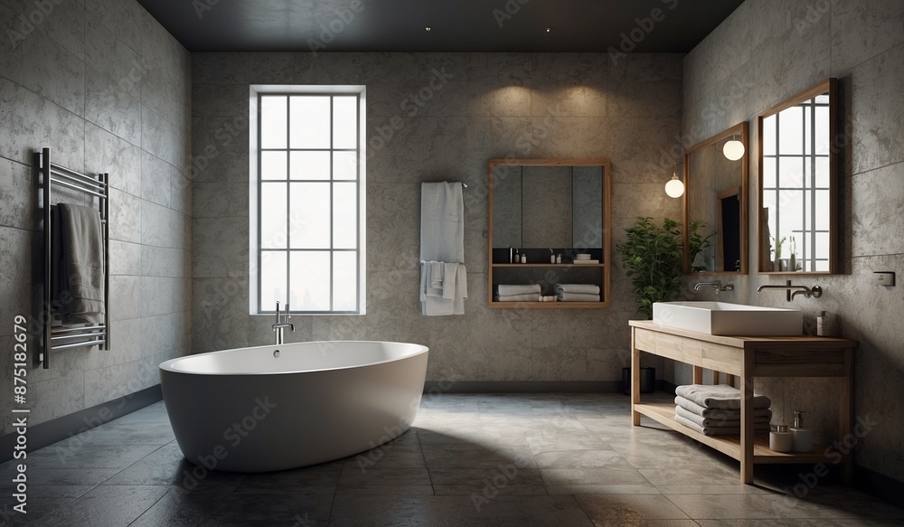 Spacious bathroom with stone tiles and freestanding tub. Spacious bathroom with stone tiles and freestanding tub.