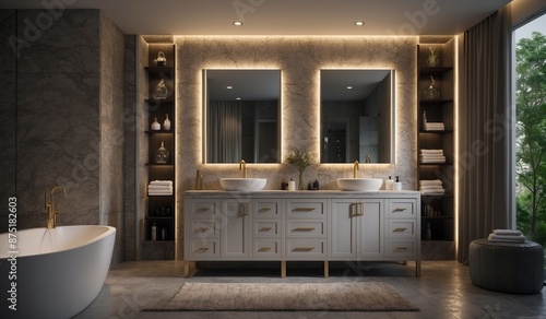 Modern bathroom with double sinks and elegant lighting.