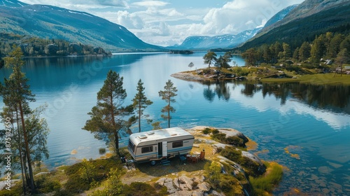 Fototapeta Naklejka Na Ścianę i Meble -  Scenic RV Camping by the Lake - Aerial view of an RV parked on a picturesque peninsula surrounded by a tranquil lake and stunning mountain scenery.