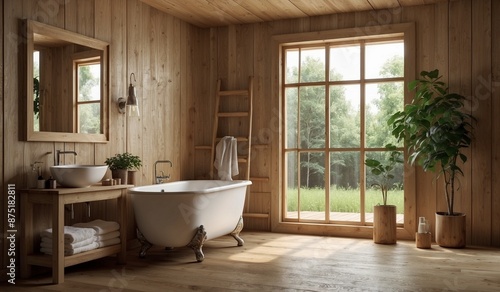 Cozy bathroom with wooden finishing and clawfoot tub. photo