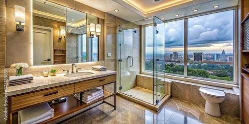 Wallpaper Mural Elegant hotel bathroom with sink and shower, featuring a panoramic window , luxury, interior design, upscale Torontodigital.ca