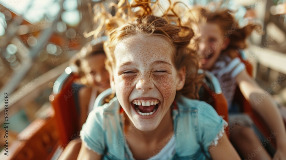 A close-up of a freckled girl with a wide smile, enjoying an exhilarating roller coaster ride with friends in the background, showcasing pure joy and excitement. A close-up of a freckled girl with a wide smile, enjoying an exhilarating roller coaster ride with friends in the background, showcasing pure joy and excitement.