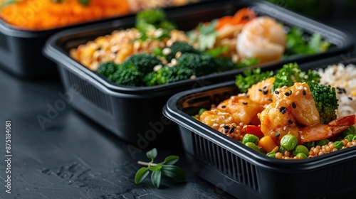 Three delightful meals served in black plastic containers, showcasing a variety of nutritious ingredients like shrimp, vegetables, and grains, perfect for balanced diets. photo