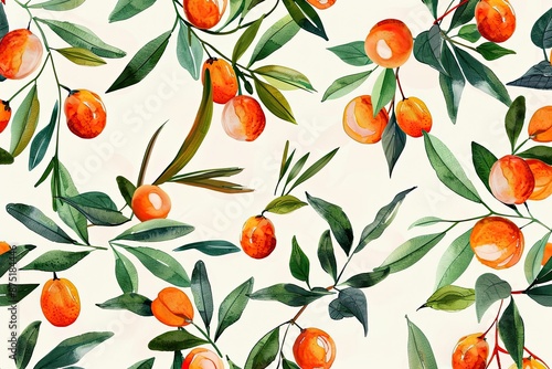Watercolor fruit pattern, ripe kumquats, rich orange tones, fresh green leaves, whimsical design