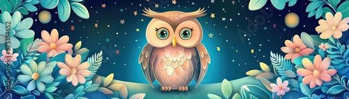 A flat illustration of Owl flat design top view night theme water color Complementary Color Scheme