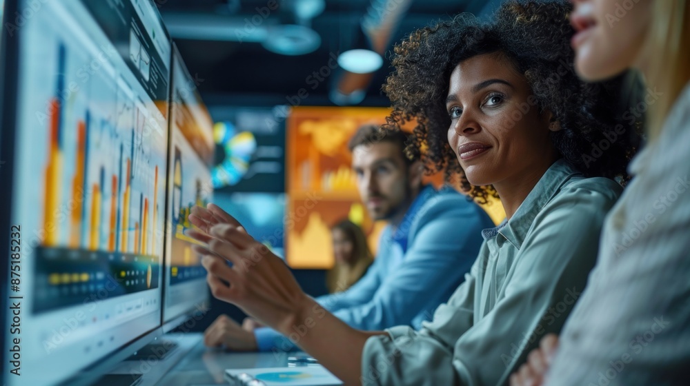 A woman is pointing at a computer monitor displaying graphs A woman is pointing at a computer monitor displaying graphs