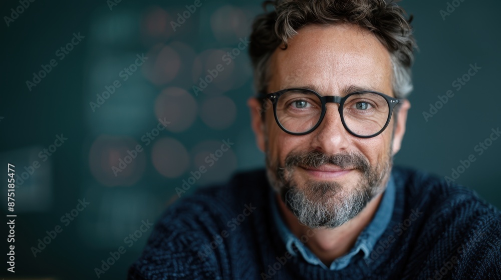 Portrait of a smiling man with glasses, wearing a sweater, sitting in a cozy and relaxed environment, exuding warmth and friendliness. Portrait of a smiling man with glasses, wearing a sweater, sitting in a cozy and relaxed environment, exuding warmth and friendliness.