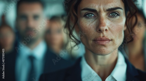 Confident woman in a professional setting, facing camera with determination, representing leadership and resilience in a workplace environment. photo