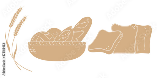 小麦とパンのシルエットイラストセット、カゴに入ったパン、食パン