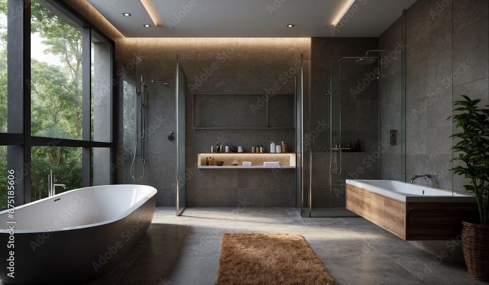 Sleek bathroom with standalone tub and large windows Sleek bathroom with standalone tub and large windows