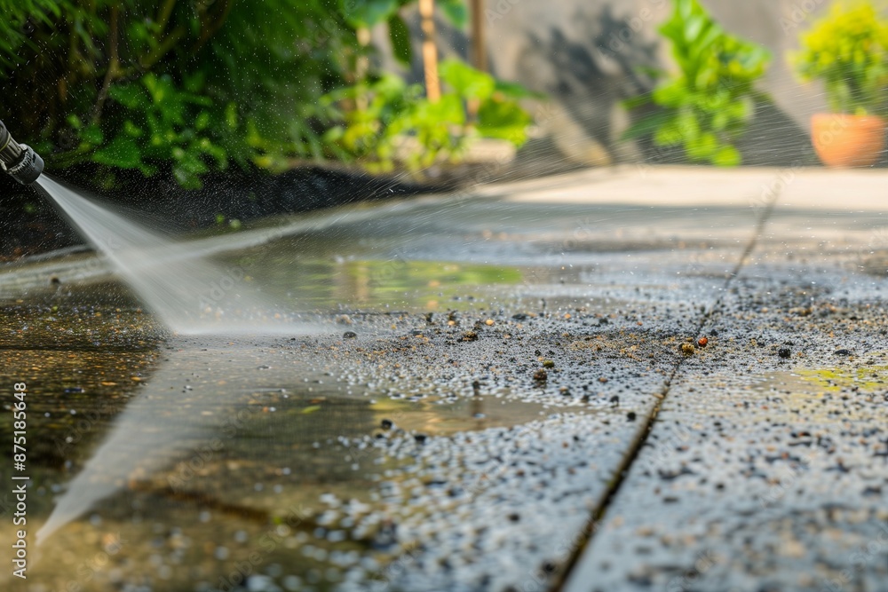 Fototapeta premium Pressure washing a concrete driveway, emphasizing home cleaning, maintenance, and household chores concept, seen in close-up detail