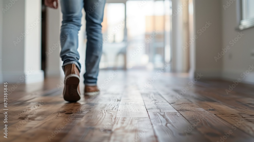 Close-up of a person walking across a wooden floor, focusing on the texture of denim jeans and the intricate grain of the wooden planks, evoking a cozy, everyday scene. Close-up of a person walking across a wooden floor, focusing on the texture of denim jeans and the intricate grain of the wooden planks, evoking a cozy, everyday scene.
