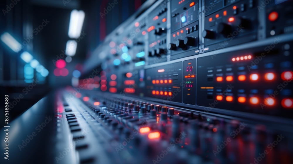 A close-up shot of an audio mixing console with colorful glowing lights and various dials and buttons, capturing the essence of a professional music studio environment. A close-up shot of an audio mixing console with colorful glowing lights and various dials and buttons, capturing the essence of a professional music studio environment.