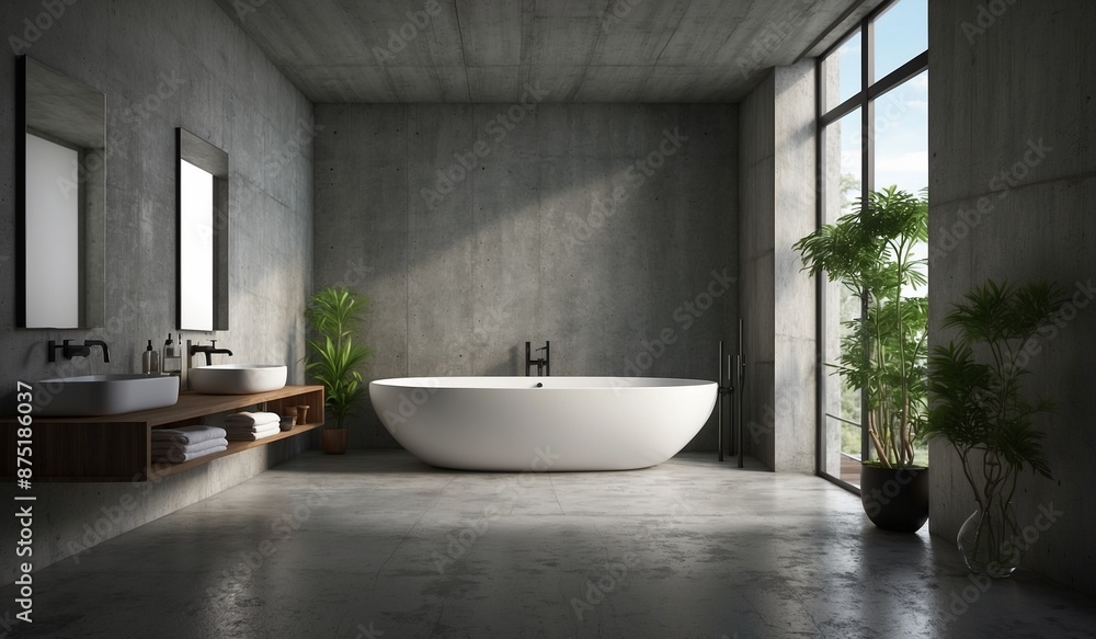 Minimalist concrete bathroom featuring modern bathtub. Minimalist concrete bathroom featuring modern bathtub.