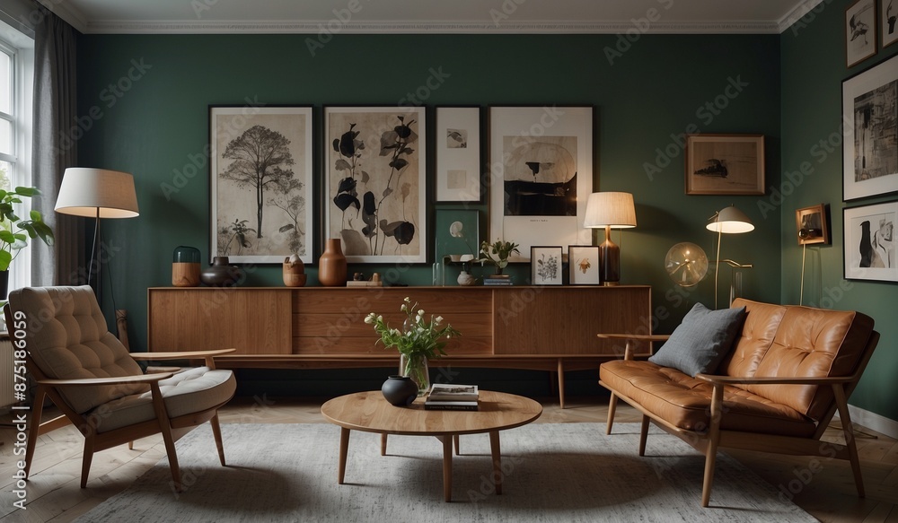 Fototapeta premium Stylish living room with mid-century modern furniture.