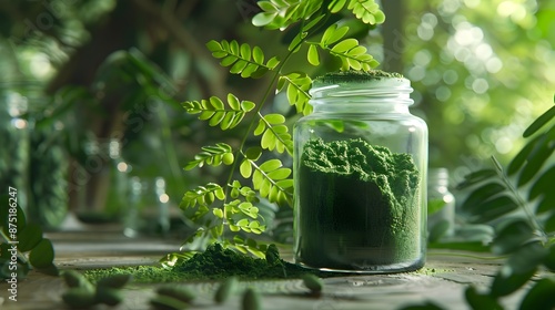 Vibrant Moringa Powder in Transparent Glass Jar on Wooden Table