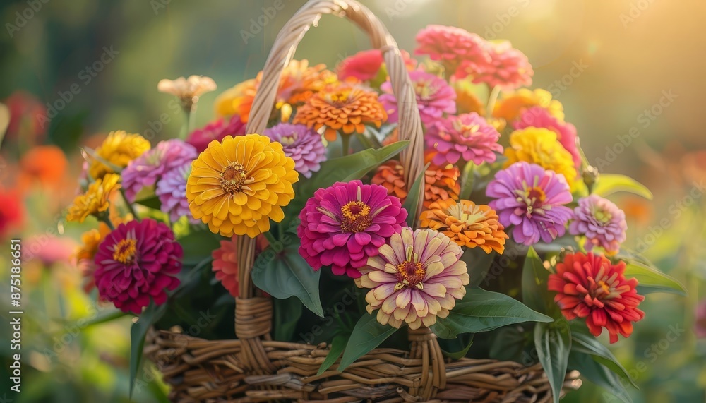 A wicker basket overflowing with colorful zinnias, bathed in warm sunlight. A wicker basket overflowing with colorful zinnias, bathed in warm sunlight.