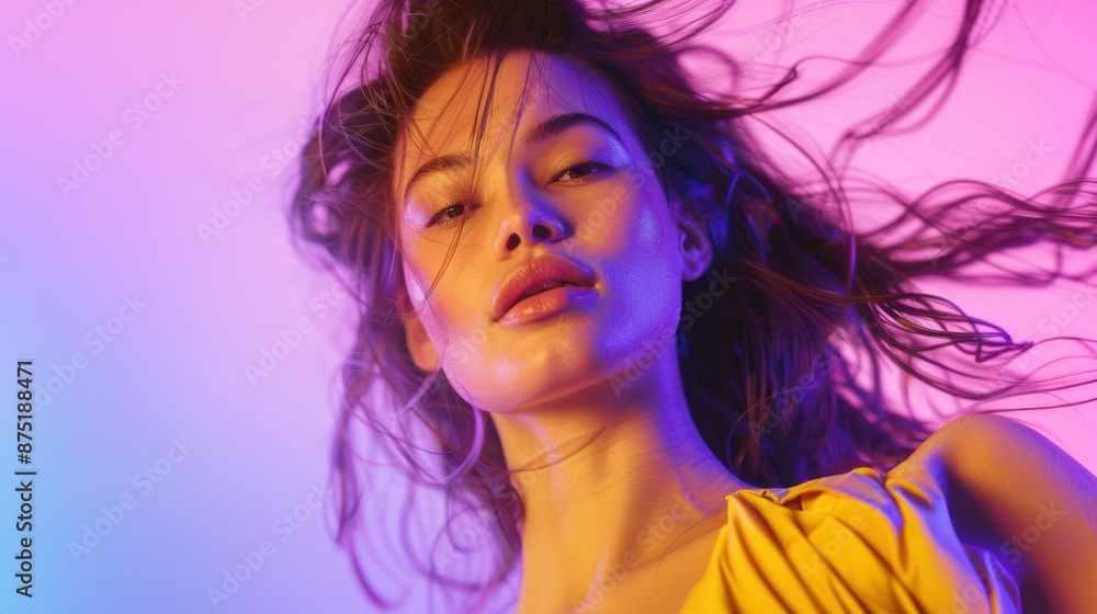 Close-up of a young woman dancing, hair flowing, wearing a yellow top, standing in front of a purple background, Portrait close-up, hyper-realistic, high detail, photorealistic, studio lighting, Key Close-up of a young woman dancing, hair flowing, wearing a yellow top, standing in front of a purple background, Portrait close-up, hyper-realistic, high detail, photorealistic, studio lighting, Key